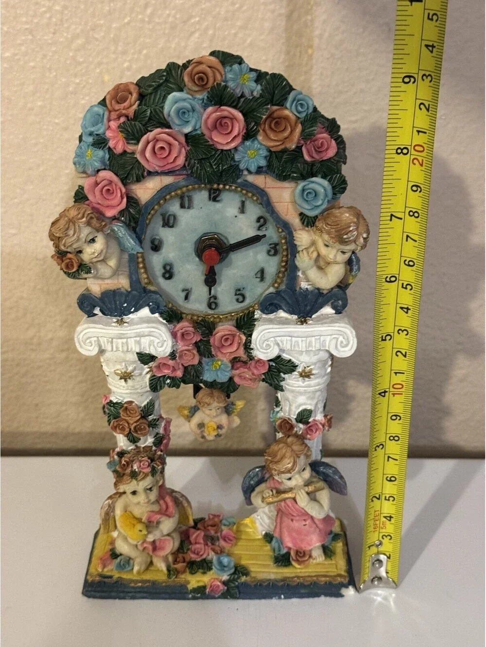 Vintage Cherub Angel Pendulum Clock Roses Floral Resin 9” Mantel AS IS Repair